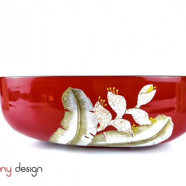 Red oval bowl hand-painted with flower/S size